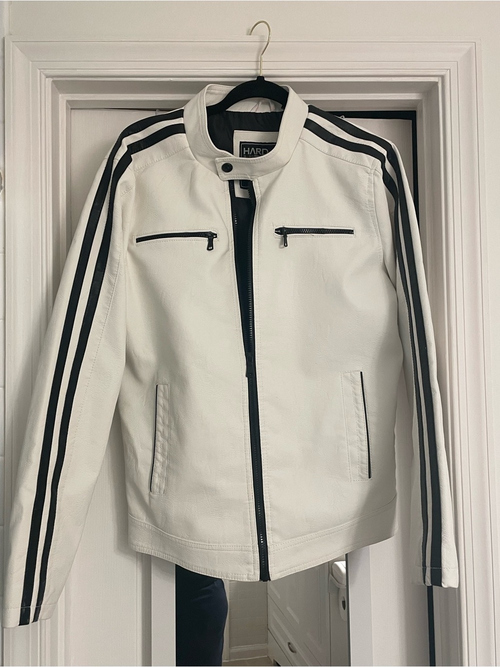 White Bomber Jacket with Black Stripe Accents Faux Leather Mens size Medium